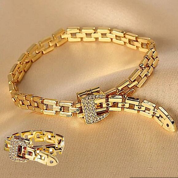 Gold Belt Buckle Bracelet Matching Ring Set, Zircon, Chain Link, Minimalist - Picture 2 of 13